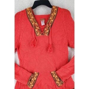 Scully Alpaca Blend Knit Sweater Womens M Orange Brown Hooded Aztec Fringe